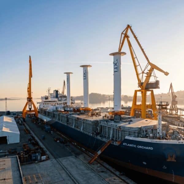 Puente de carga y grúas en puerto marítimo con barco en dique.