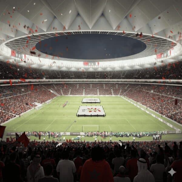 Estadio de futbol con grada repleta y banderas rojas, Mundial Marruecos 2030 / Football stadium with packed stands and red flags, 2030 Morocco World Cup