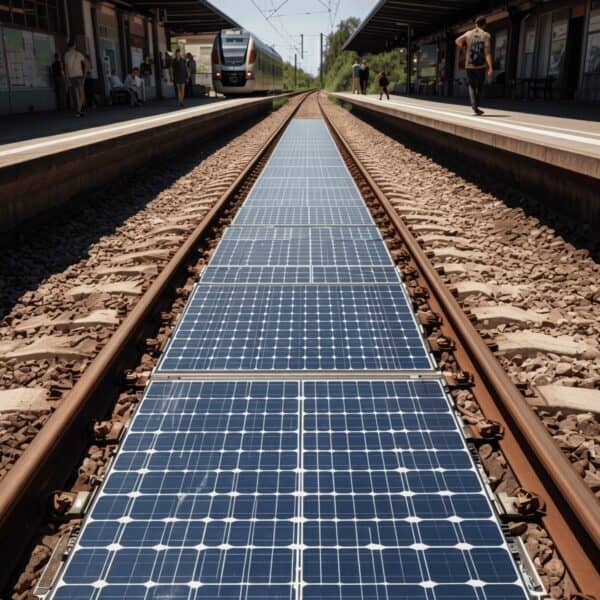 Puente solar instalado en las vías del tren para generación de energía renovable.