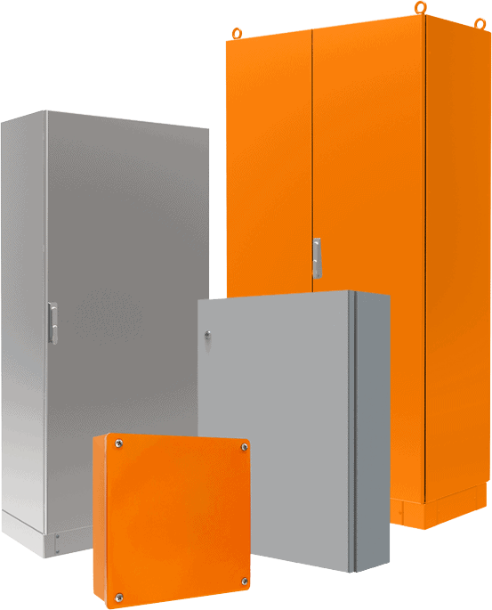Cajas eléctricas industriales en color gris y naranja, ideales para instalaciones eléctricas seguras.