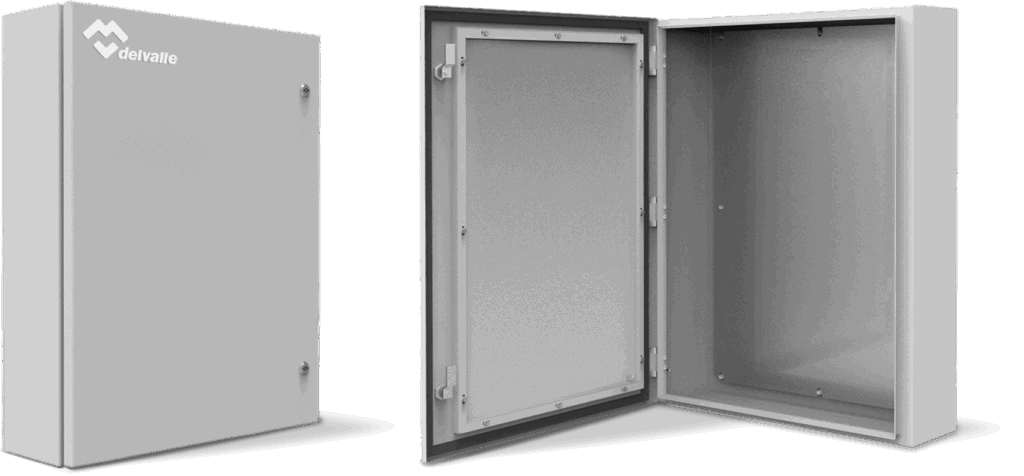 Cajas eléctricas industriales de acero gris con puertas abiertas, ideales para instalaciones eléctri.